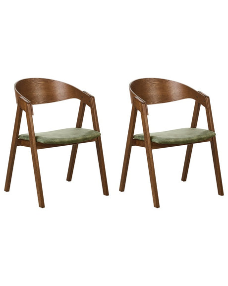 Set of 2 Dining Chairs Dark Wood and Green Plywood Polyester Velvet Fabric Rubberwood Legs Retro Traditional Style Beliani