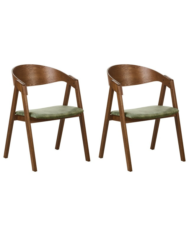 Set of 2 Dining Chairs Dark Wood and Green Plywood Polyester Velvet Fabric Rubberwood Legs Retro Traditional Style Beliani