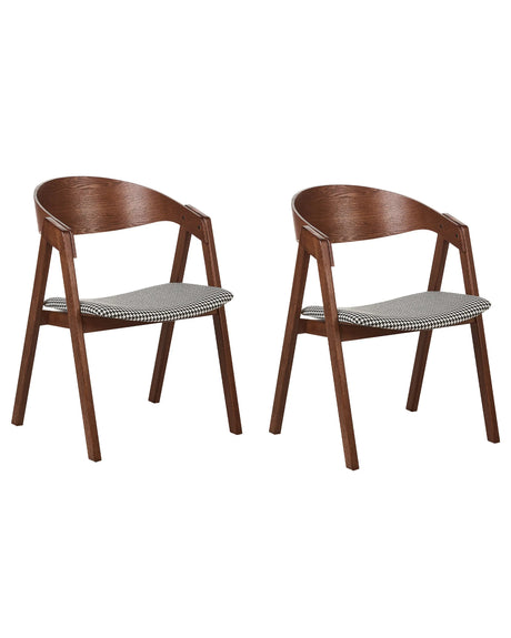 Set of 2 Dining Chairs Dark Wood Black and White Plywood Polyester Fabric Houndstooth Rubberwood Legs Retro Traditional Style Beliani