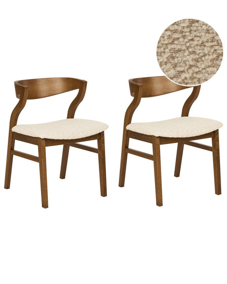 Set of 2 Dining Chairs Dark Wood and Beige Plywood Polyester Boucle Fabric Rubberwood Legs Retro Traditional Style Beliani