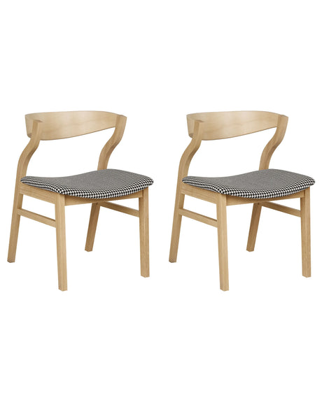 Set of 2 Dining Chairs Light Wood Black and White Plywood Polyester Fabric Houndstooth Rubberwood Legs Retro Traditional Style Beliani
