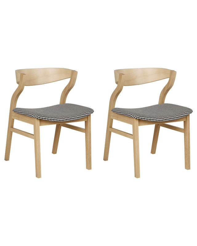 Set of 2 Dining Chairs Light Wood Black and White Plywood Polyester Fabric Houndstooth Rubberwood Legs Retro Traditional Style Beliani