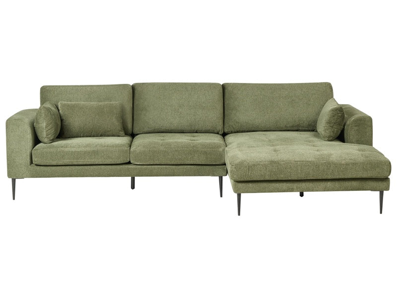 Left Hand Corner Sofa Green Fabric Upholstered L-Shaped Tufted Cushioned Seat with Scatter Cushions Beliani