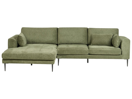 Right Hand Corner Sofa Green Fabric Upholstered L-Shaped Tufted Cushioned Seat with Scatter Cushions Beliani