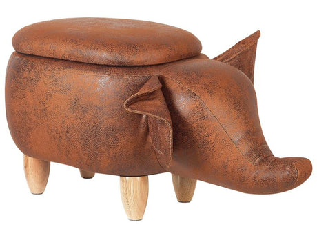 Animal Elephant Children Stool with Storage Brown Faux Leather Wooden Legs Nursery Footstool Beliani