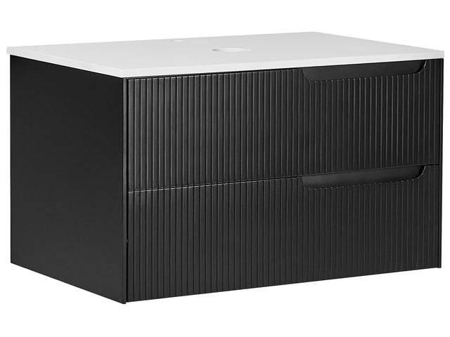 Wall Mounted Bathroom Cabinet Black MDF Body 80 x 52 cm Fluted Front with 2 Drawers Pre Cut Holes Beliani