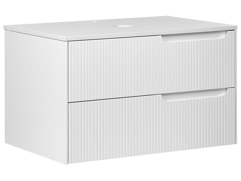 Wall Mounted Bathroom Cabinet White MDF Body 80 x 52 cm Fluted Front with 2 Drawers Pre Cut Holes Beliani