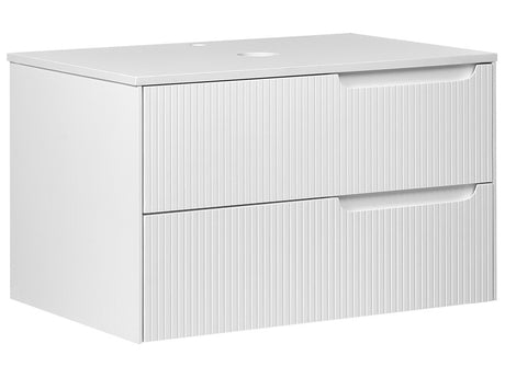 Wall Mounted Bathroom Cabinet White MDF Body 80 x 52 cm Fluted Front with 2 Drawers Pre Cut Holes Beliani