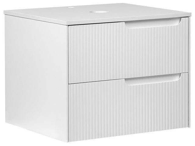 Wall Mounted Bathroom Cabinet White MDF Body 60 x 52 cm Fluted Front with 2 Drawers Pre Cut Holes Beliani