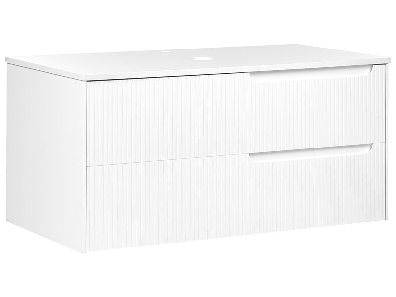 Wall Mounted Bathroom Cabinet White MDF Body 100 x 52 cm Fluted Front with 2 Drawers Pre Cut Holes Beliani