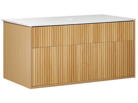 Wall Mounted Bathroom Cabinet Light Wood MDF Body 100 x 52 cm Fluted Front with 2 Drawers Pre Cut Hole Beliani