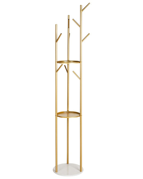 Coat Stand Gold Metal Marble Base Freestanding with Shelves Jacket Rack Industrial Hallway Accessories Beliani