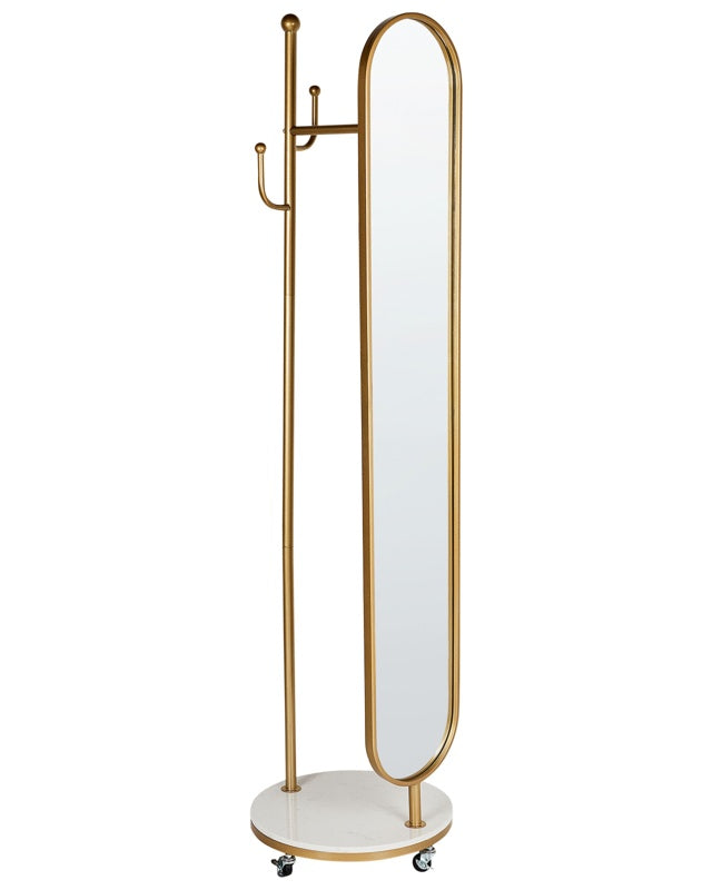 Coat Stand Gold Metal Marble Base Freestanding with Mirror Jacket Rack Industrial Hallway Accessories Beliani