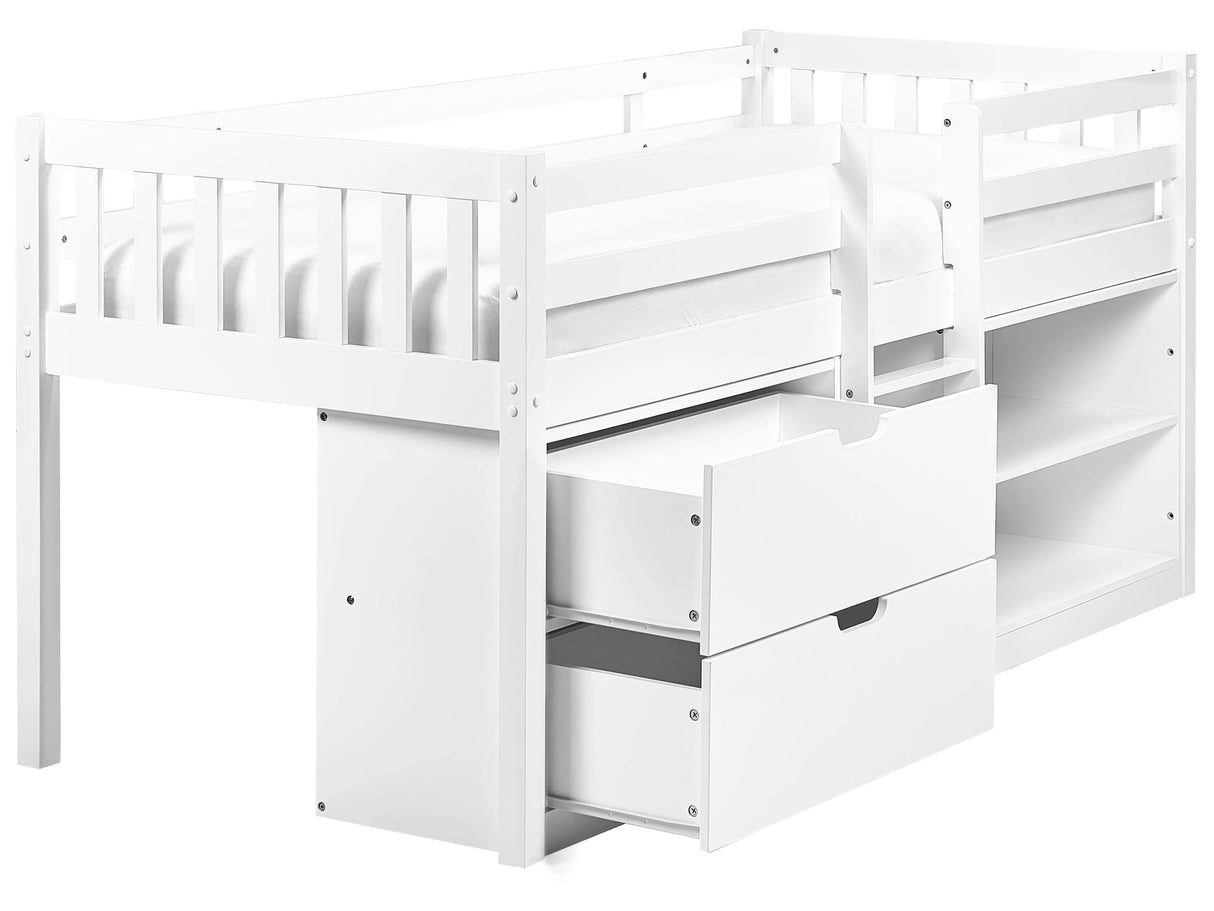 Kids Bed White Wood EU Single Size 3ft with Slatted Frame Drawers and Shelves Bed for Toddler Beliani
