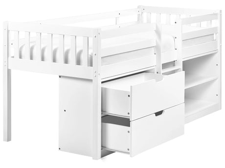 Kids Bed White Wood EU Single Size 3ft with Slatted Frame Drawers and Shelves Bed for Toddler Beliani
