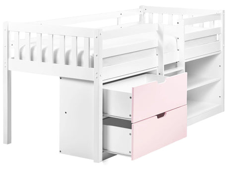 Kids Bed White and Pink Wood EU Single Size 3ft with Slatted Frame Drawers and Shelves Bed for Toddler Beliani