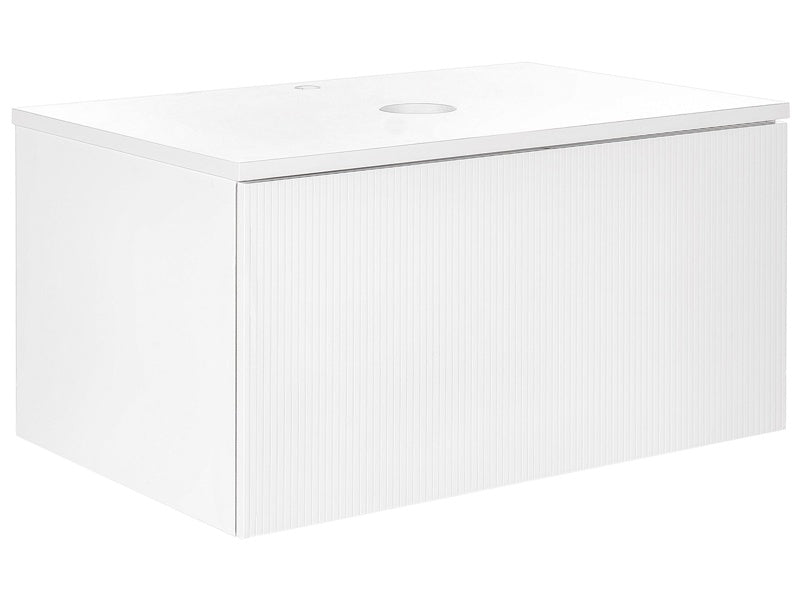 Wall Mounted Bathroom Cabinet White MDF Body 80 x 52 cm Fluted Front with 1 Drawer Pre Cut Hole Beliani