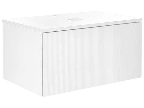 Wall Mounted Bathroom Cabinet White MDF Body 80 x 52 cm Fluted Front with 1 Drawer Pre Cut Hole Beliani