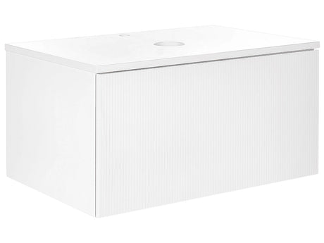 Wall Mounted Bathroom Cabinet White MDF Body 80 x 52 cm Fluted Front with 1 Drawer Pre Cut Hole Beliani