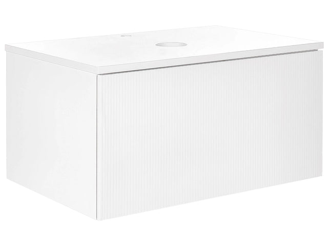 Wall Mounted Bathroom Cabinet White MDF Body 80 x 52 cm Fluted Front with 1 Drawer Pre Cut Hole Beliani