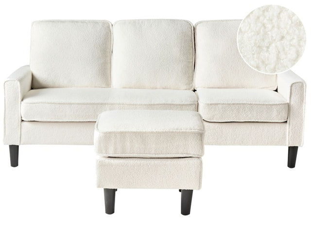 3-Seater White Sofa with Ottoman Footstool Boucle Upholstered Mid Century Beliani