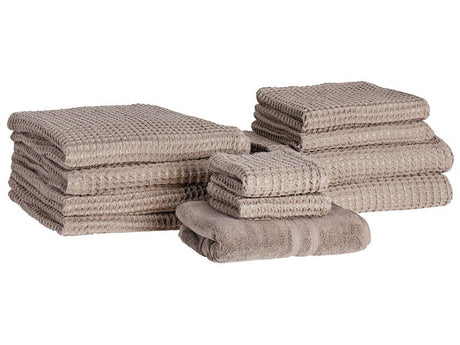 Set of 11 Towels Taupe Cotton Low Twist Guest Hand Bath Towel Bath Sheet and Bath Mat Beliani