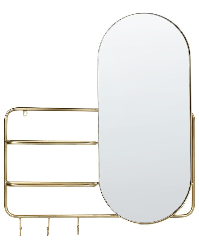 Wall Mirror with Hooks and Shelves Gold 72 x 80 cm Oval Shape Hanging Hallway Decoration Beliani