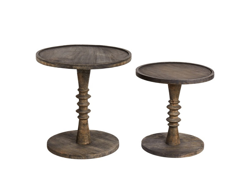 Set of 2 Side Tables Dark Mango Wood Round Top Base Traditional Design Beliani