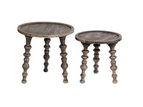 Set of 2 Side Tables Dark Mango Wood Round Top Base Traditional Design Beliani