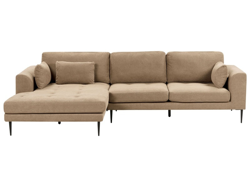 Right Hand Corner Sofa Light Brown Fabric Upholstered L-Shaped Tufted Cushioned Seat with Scatter Cushions Beliani