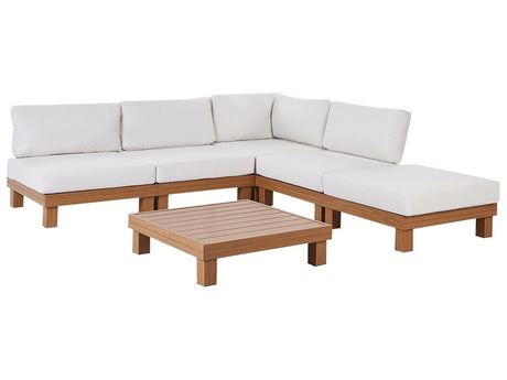 Garden Modular Corner Sofa Set White Cushions Light Wood Effect Aluminium Frame with Coffee Table Beliani