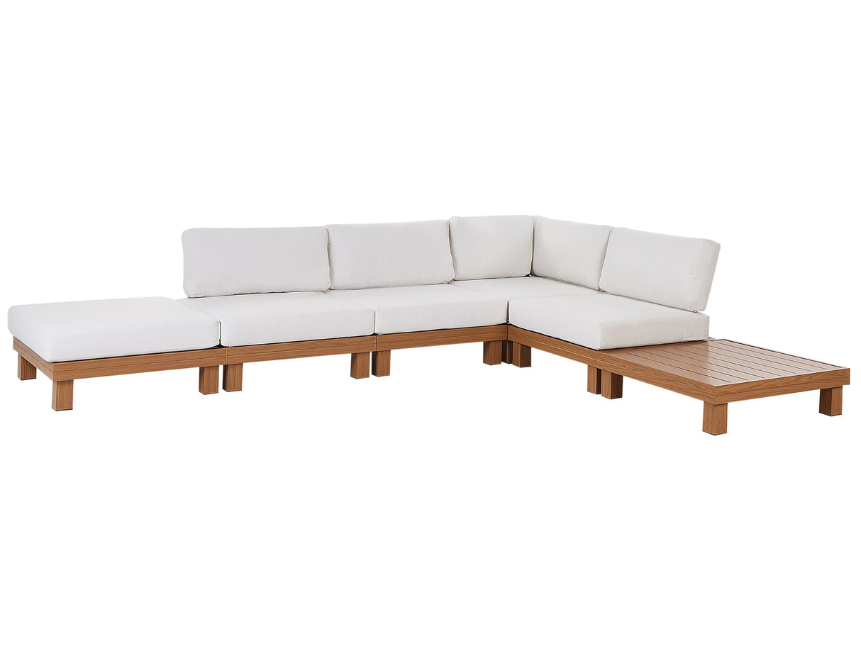 Garden Modular Corner Sofa Set White Cushions Light Wood Effect Aluminium Frame with Coffee Table Beliani