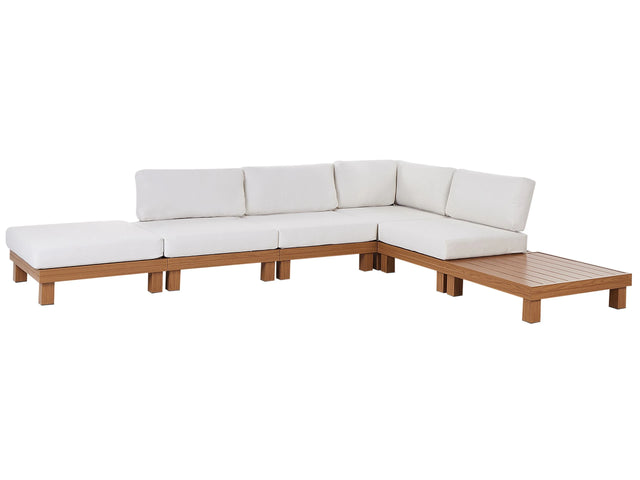 Garden Modular Corner Sofa Set White Cushions Light Wood Effect Aluminium Frame with Coffee Table Beliani