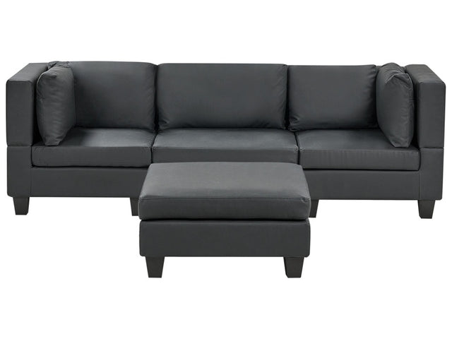 Modular Sofa with Ottoman Black Faux Leather Upholstered 3 Seater with Ottoman Cushioned Backrest Modern Living Room Couch Beliani