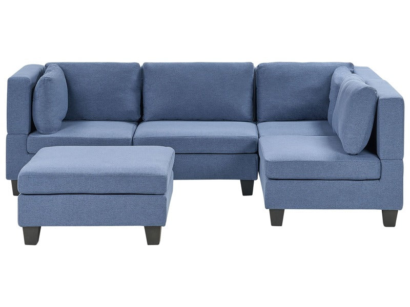 Modular Sofa with Ottoman Blue Fabric Upholstered 4 Seater with Ottoman Cushioned Backrest Modern Living Room Couch Beliani