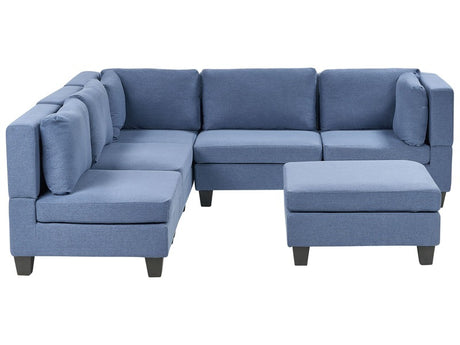 Modular Sofa with Ottoman Blue Fabric Upholstered 5 Seater with Ottoman Cushioned Backrest Modern Living Room Couch Beliani