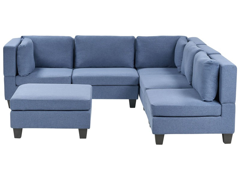 Modular Sofa with Ottoman Blue Fabric Upholstered 5 Seater with Ottoman Cushioned Backrest Modern Living Room Couch Beliani