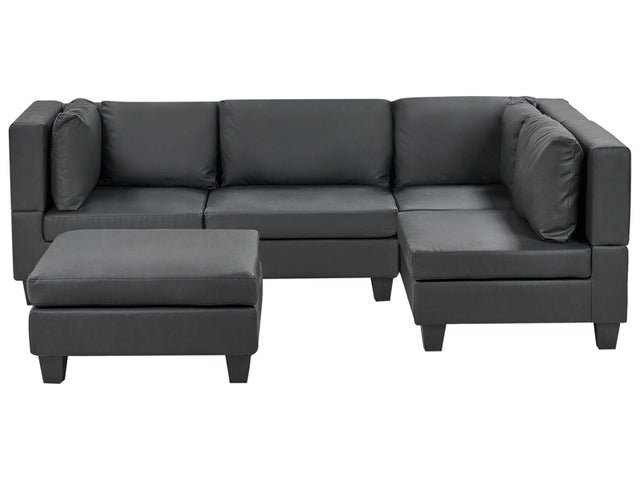 Modular Sofa with Ottoman Black Faux Leather Upholstered 4 Seater with Ottoman Cushioned Backrest Modern Living Room Couch Beliani