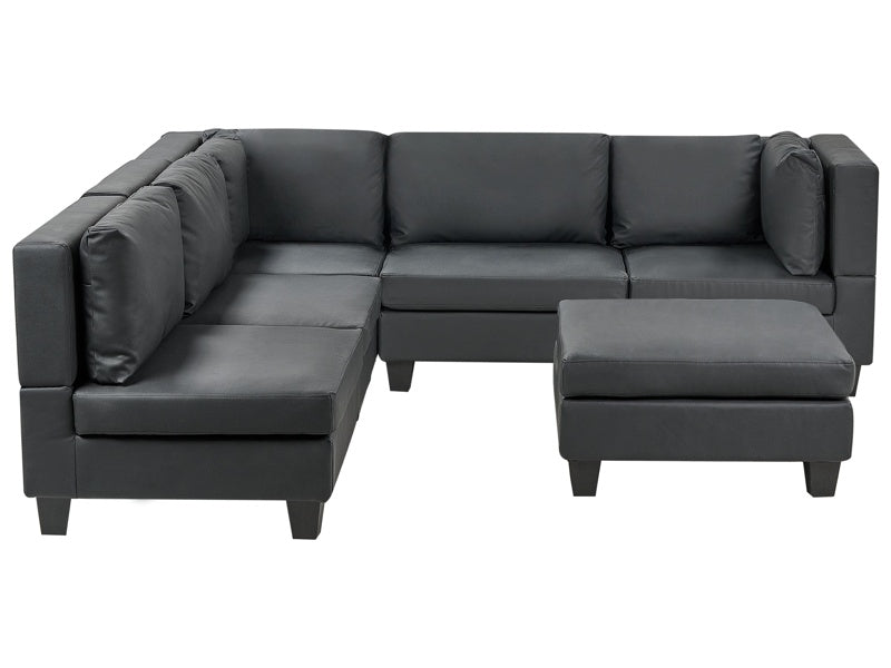 Modular Sofa with Ottoman Black Faux Leather Upholstered 5 Seater with Ottoman Cushioned Backrest Modern Living Room Couch Beliani