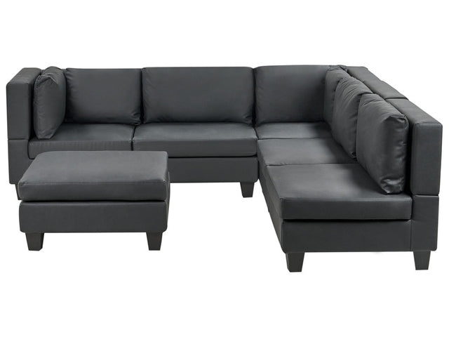 Modular Sofa with Ottoman Black Faux Leather Upholstered 5 Seater with Ottoman Cushioned Backrest Modern Living Room Couch Beliani