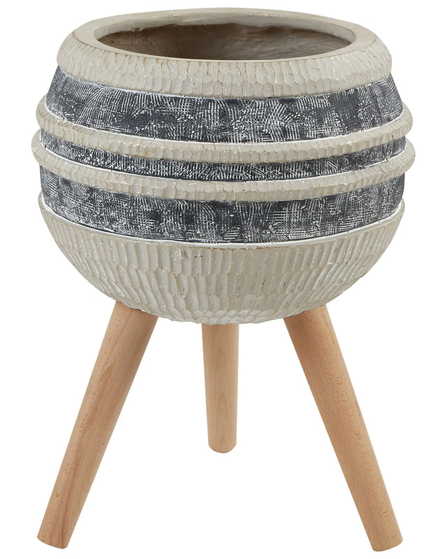 Plant Stand Beige and Grey Magnesium Round Solid Wood Base Tall Plant Pot Planter Beliani