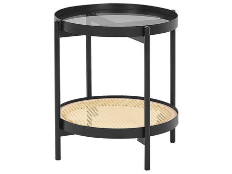 Side Table Black with Light Wood Glass Top Metal  50 cm Frame Round Shelf Viennese Braid Modern Design Beliani