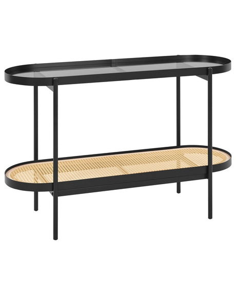 Console Table Black with Light Wood Glass Top Metal Frame 120 x 42 cm Shelf Viennese Braid Modern Design Beliani