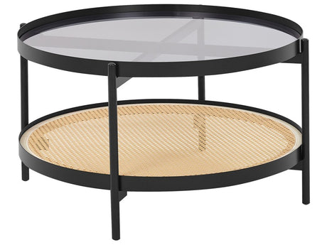 Coffee Table Black with Light Wood Glass Top Metal Frame ø 80 cm Round Shelf Viennese Braid Modern Design Beliani