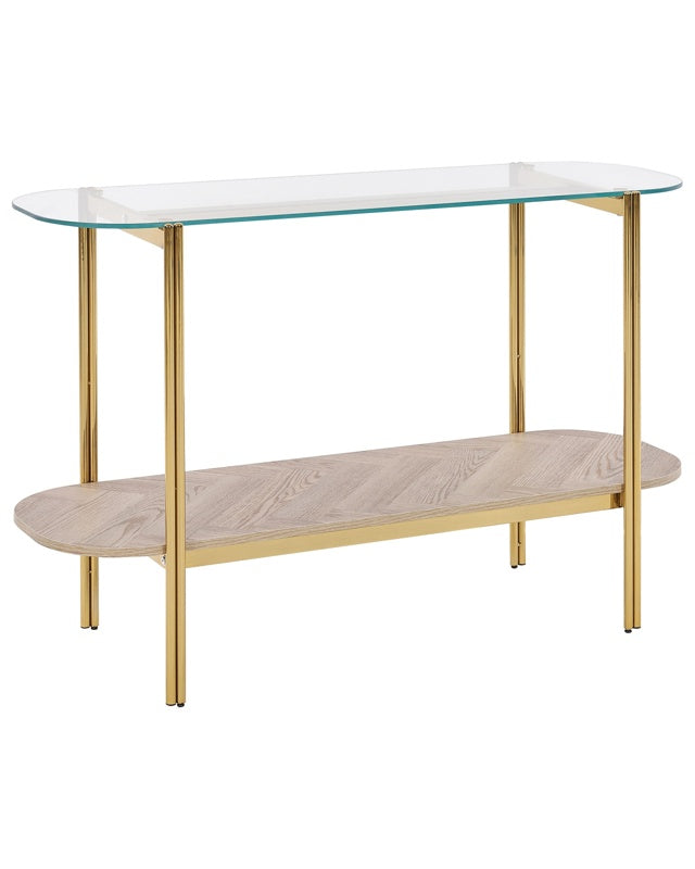 Console Table Gold with Light Wood Glass Top Metal Frame 120 x 41 cm Shelf Modern Design Beliani