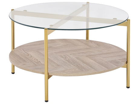 Coffee Table Gold with Light Wood Glass Top Round Metal Frame ø 80 cm Shelf Modern Design Beliani