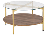 Coffee Table Gold with Dark Wood Glass Top Round Metal Frame  80 cm Shelf Modern Design Beliani