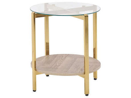 Side Table Gold with Light Wood Glass Top Metal  50 cm  Frame Shelf Modern Design Beliani