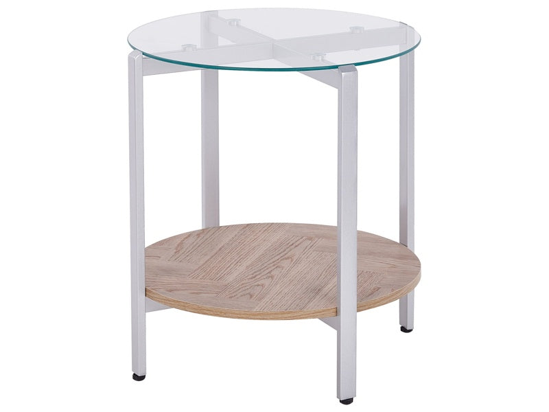 Side Table Silver with Light Wood Glass Top Metal ø 50 cm  Frame Shelf Modern Design Beliani