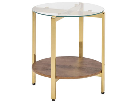 Side Table Gold with Dark Wood Glass Top Metal ø 50 cm Frame Shelf Modern Design Beliani